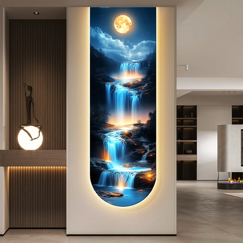 流水生财玄关装饰画轻奢月球走廊细长条壁画瀑布客厅入户带灯挂画,家居饰品,现代装饰画,淘宝优惠券,粉丝福利购,淘宝优惠卷