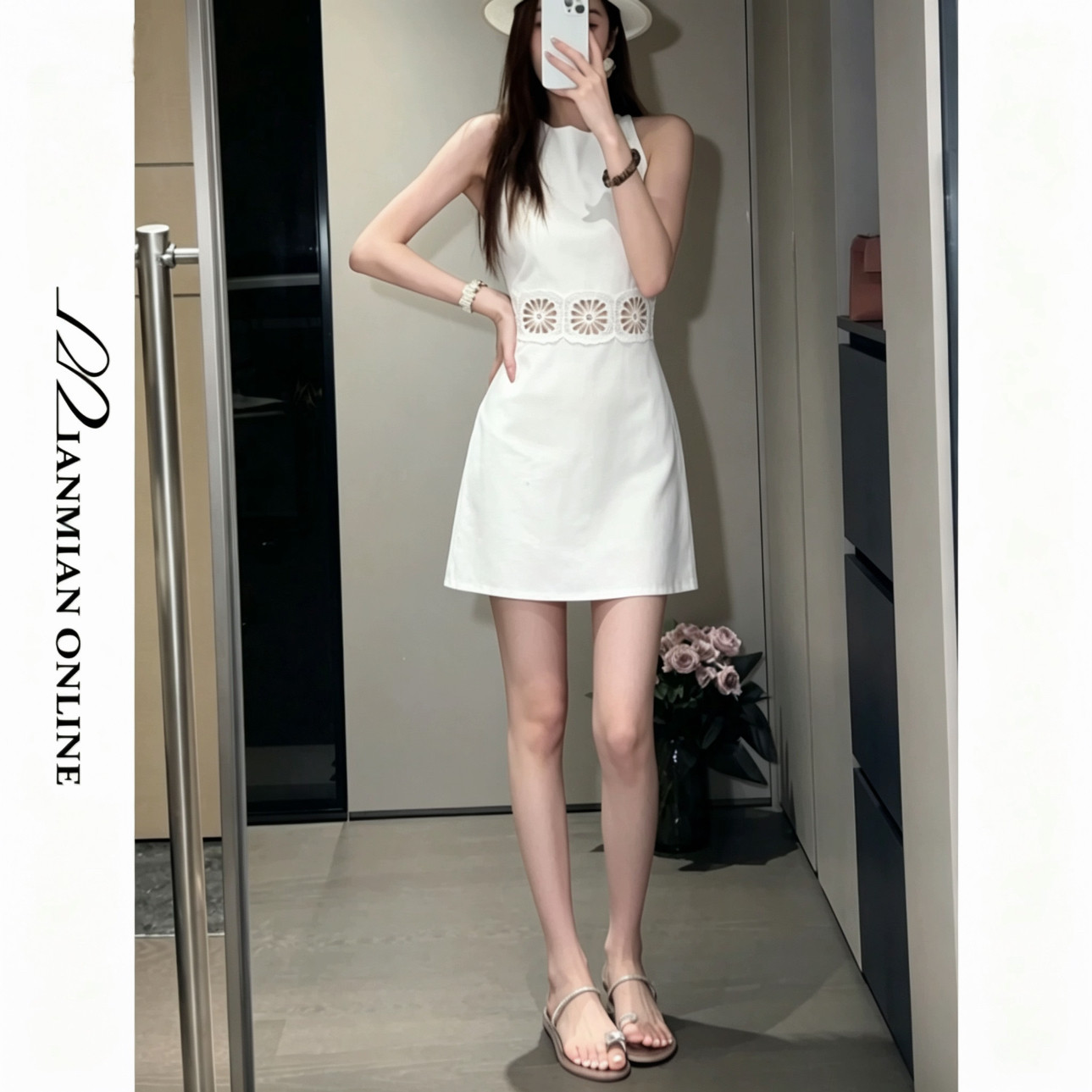 MIANMIANONLINE“夏麻”腰部镂空拼接麻料背心极简连衣裙396