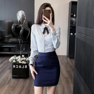 条纹衬衫工作服职业装套装春装衬衣女南航空姐制服前台接待工作装