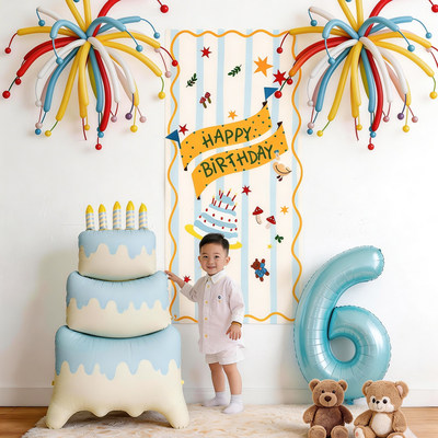 男孩子6岁生日挂布蛋糕气球场景布置装饰氛围感拍照道具派对装扮