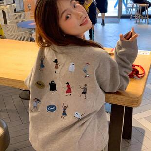 上衣 设计感小众宽松潮牌长袖 纯棉美式 复古灰色圆领卫衣女春秋薄款