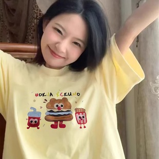 t恤女2025新款 夏季 纯棉短袖 爆款 上衣 正肩设计感小众美式 宽松半袖