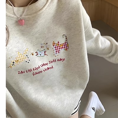 纯棉美式复古灰色无帽卫衣女春秋