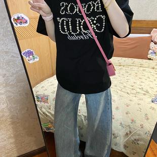 美式 oversize宽松情侣上衣潮 复古重磅t恤女夏季 珍珠钉珠黑色短袖