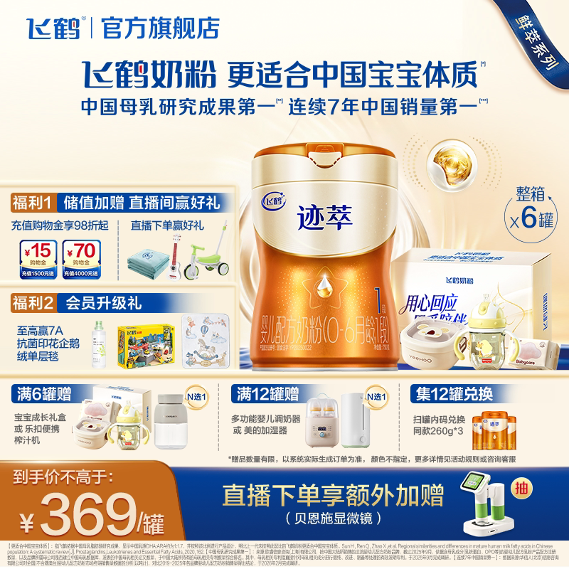 飞鹤迹萃1段专利母源自护乳铁蛋白8HMOs婴儿配方奶粉750g*6罐官方