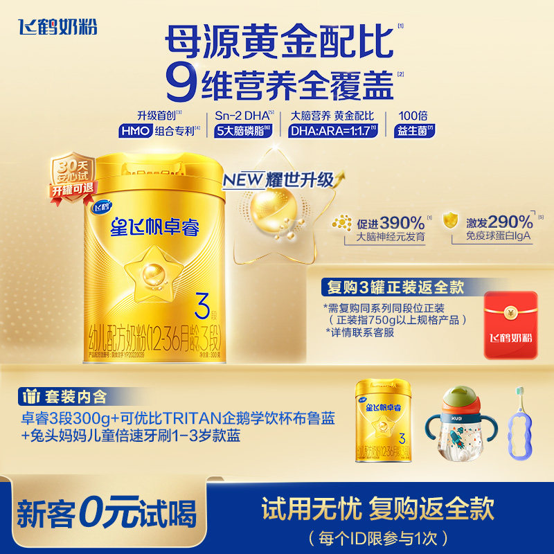 0元试喝｜飞鹤星飞帆卓睿三段奶粉HMO乳铁蛋白婴儿300g*1罐官方