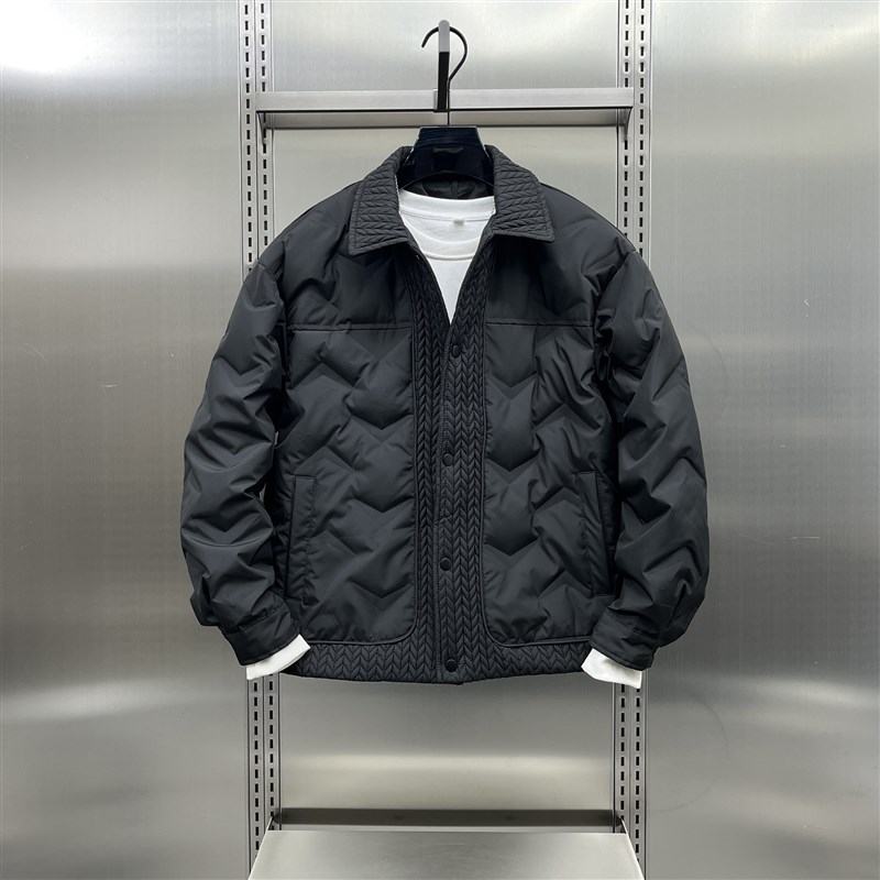 麦穗拼接翻领羽绒服男款秋冬v季2024新款潮牌冬装短款轻薄夹克外