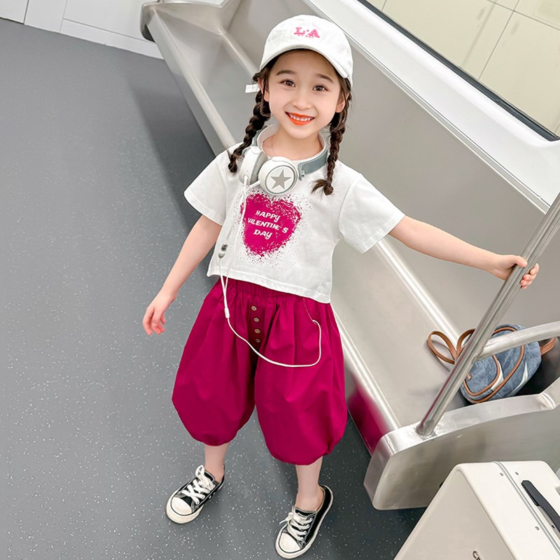 儿童火龙果灯笼裤短袖夏季2024新款套装运动女童S洋气时髦休闲夏