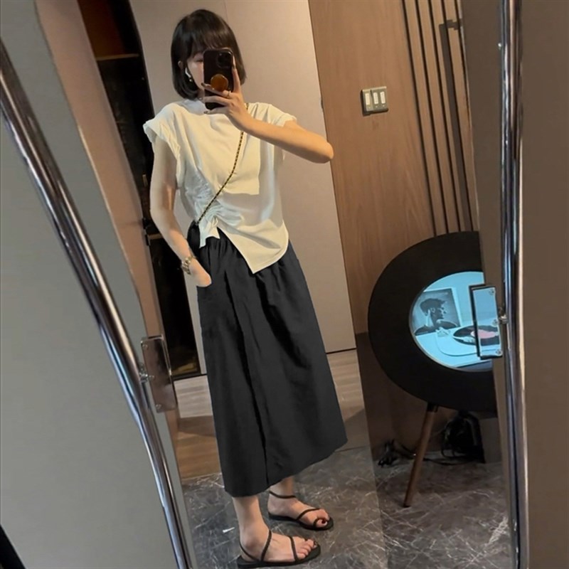 梨型身材宽e松休闲阔腿裤女大码夏季薄款胖妹妹mm高腰显瘦八分裤