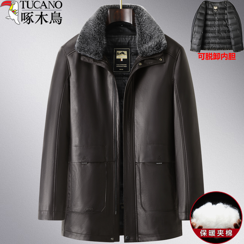 啄木鸟中年男士皮衣外套冬季中长款皮大衣中老年人保暖爸爸皮夹克