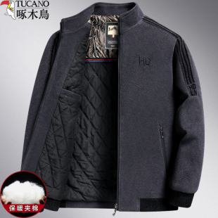 中老年人夹克衫 爸爸装 夹棉外套轻薄二棉衣服秋冬季 啄木鸟中年男士