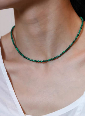 极细3mm孔雀石绿色项链超闪925纯银项链锁骨链女简约国风新中式