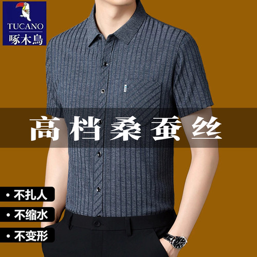 啄木鸟男士桑蚕丝亚麻短袖衬衫