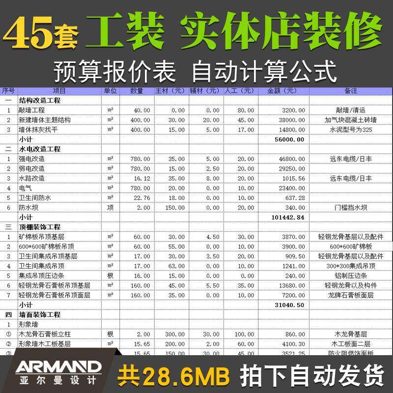 自动计算公式工装实体店室内装修预算报价表餐厅ktv服装店办公楼