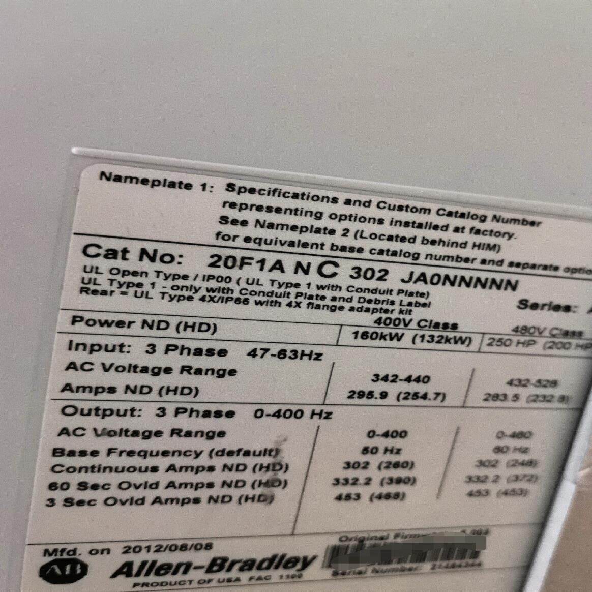 【议价】罗克韦尔AB变频器20F1ANC302JA0NNNNN二手包