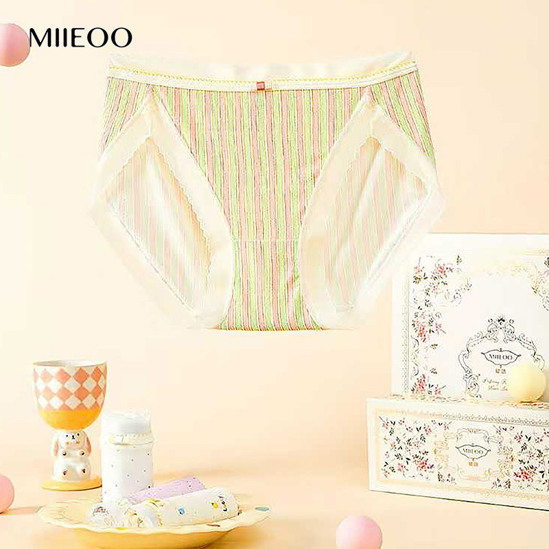 秘语女士内裤青柠时光薄款无痕蕾丝边条纹中腰高开叉三角裤62012