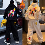 美式炫彩十字架设计加绒连帽卫衣卫裤两件套冬季爆款男士高街套装
