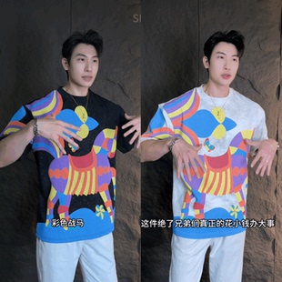 2025夏季新款男士时尚潮百搭高级感小马彩色印花圆领短袖T恤上衣