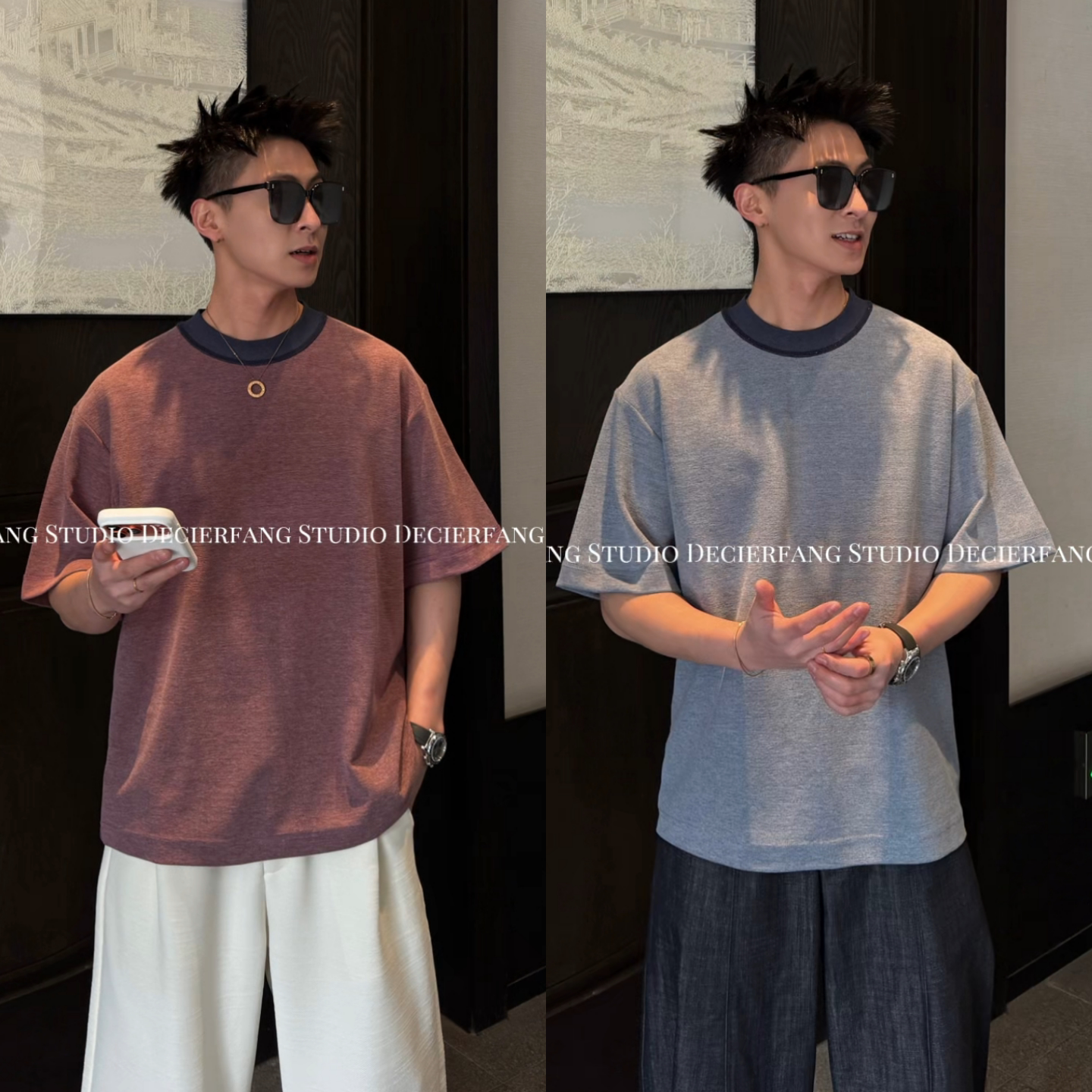 春季男士痞帅潮流百搭休闲风撞色拼接圆领短袖T恤老钱风时尚上衣