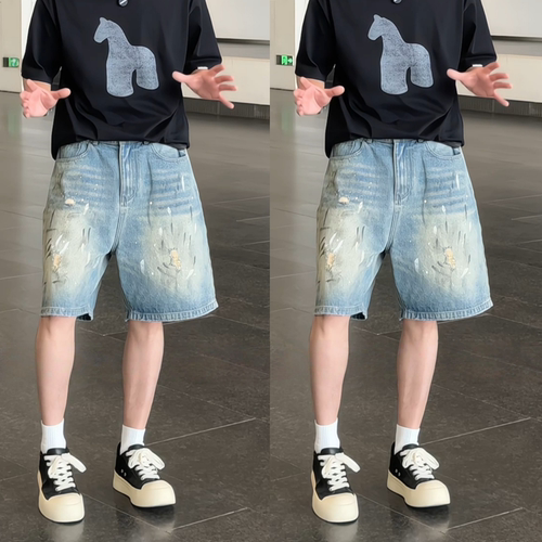 夏季手绘泼墨破洞牛仔短裤男士