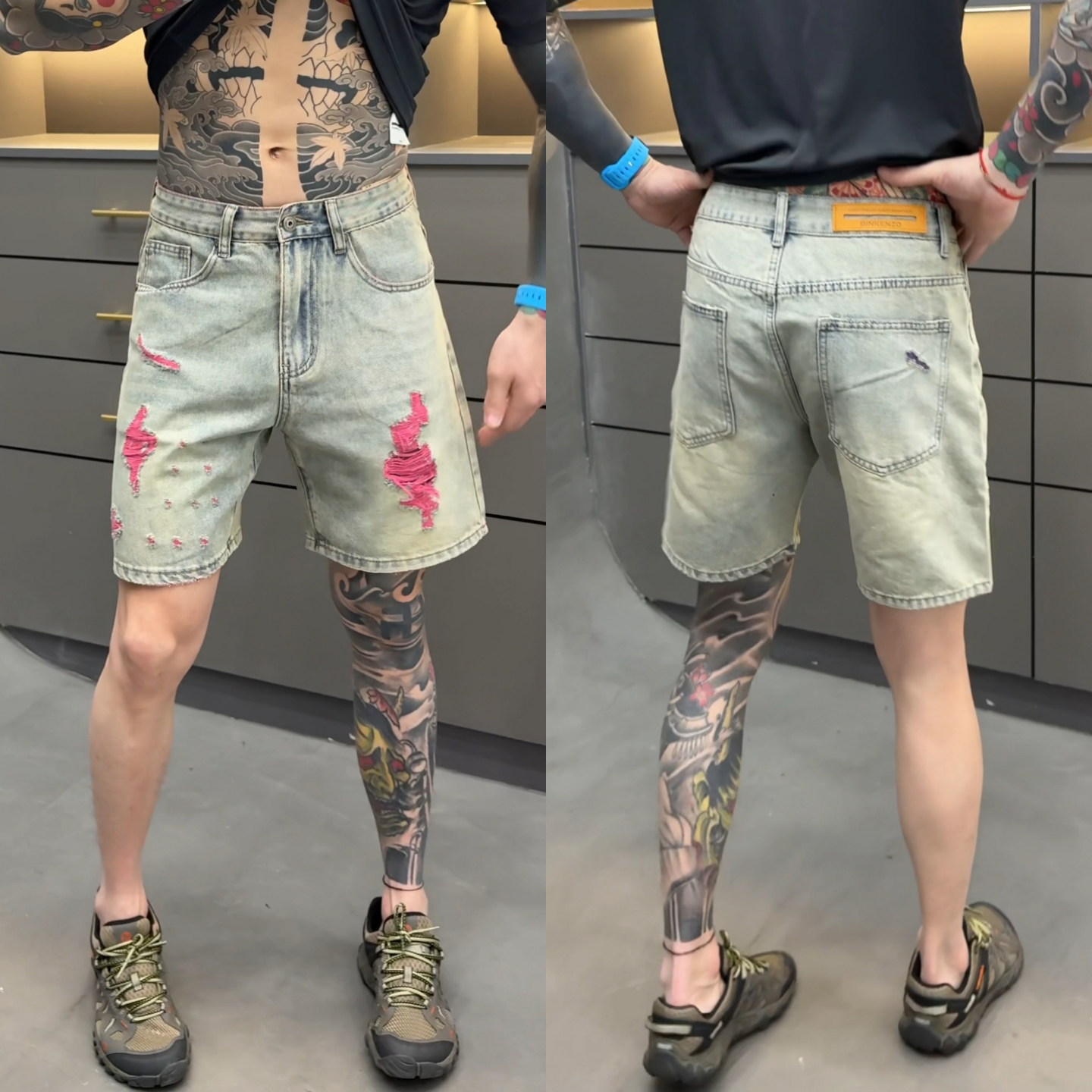 夏季时尚美式高街风撞色破洞牛仔短裤男士百搭痞帅潮流直筒五分裤