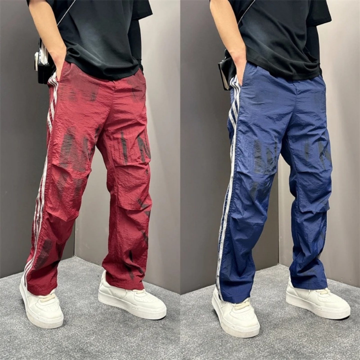 春季薄款潮流高街风长裤个性涂鸦条纹拼接直筒裤男士运动休闲裤潮