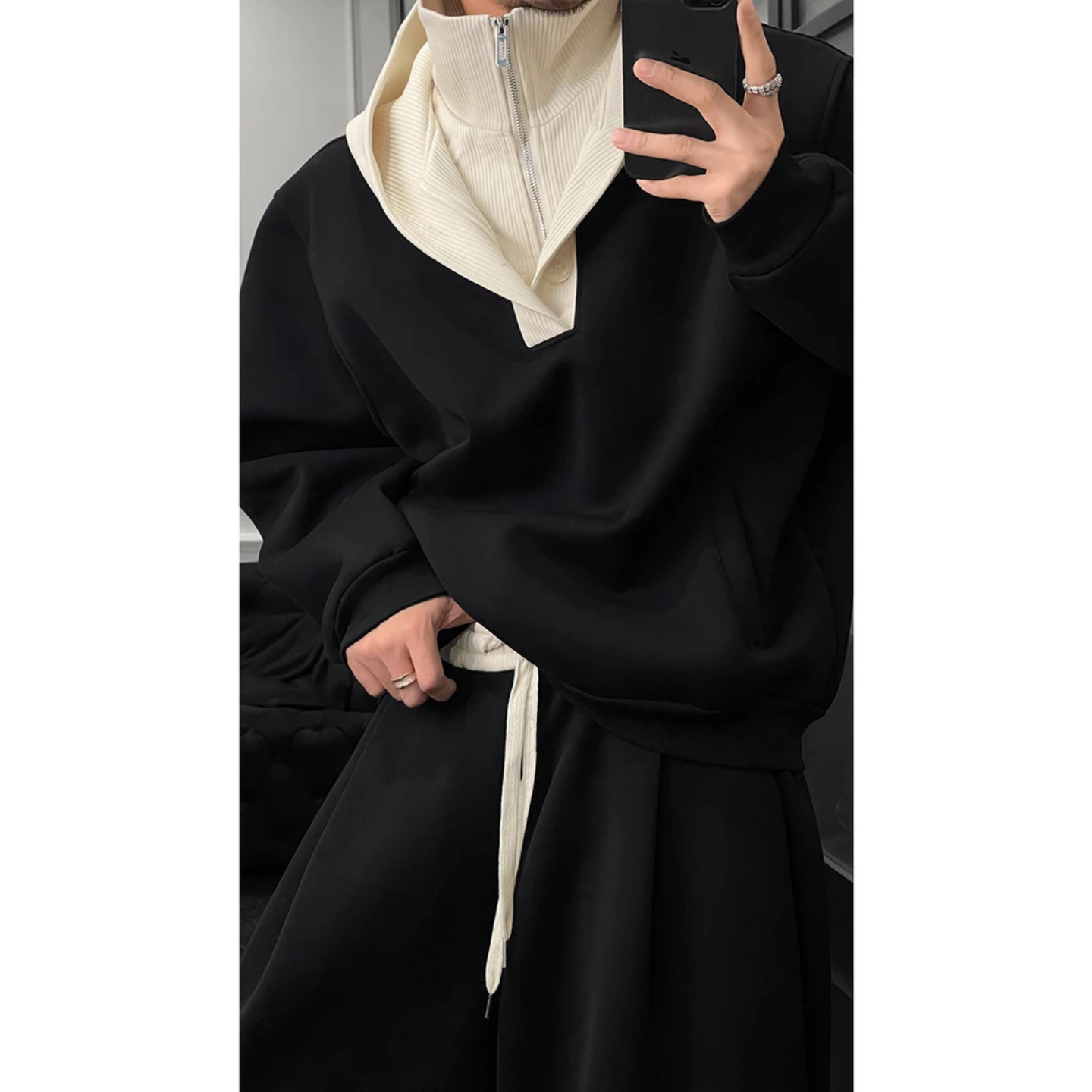 春季新品美式拼接假两件连帽卫衣宽松垂感阔腿长裤套装男士高级感