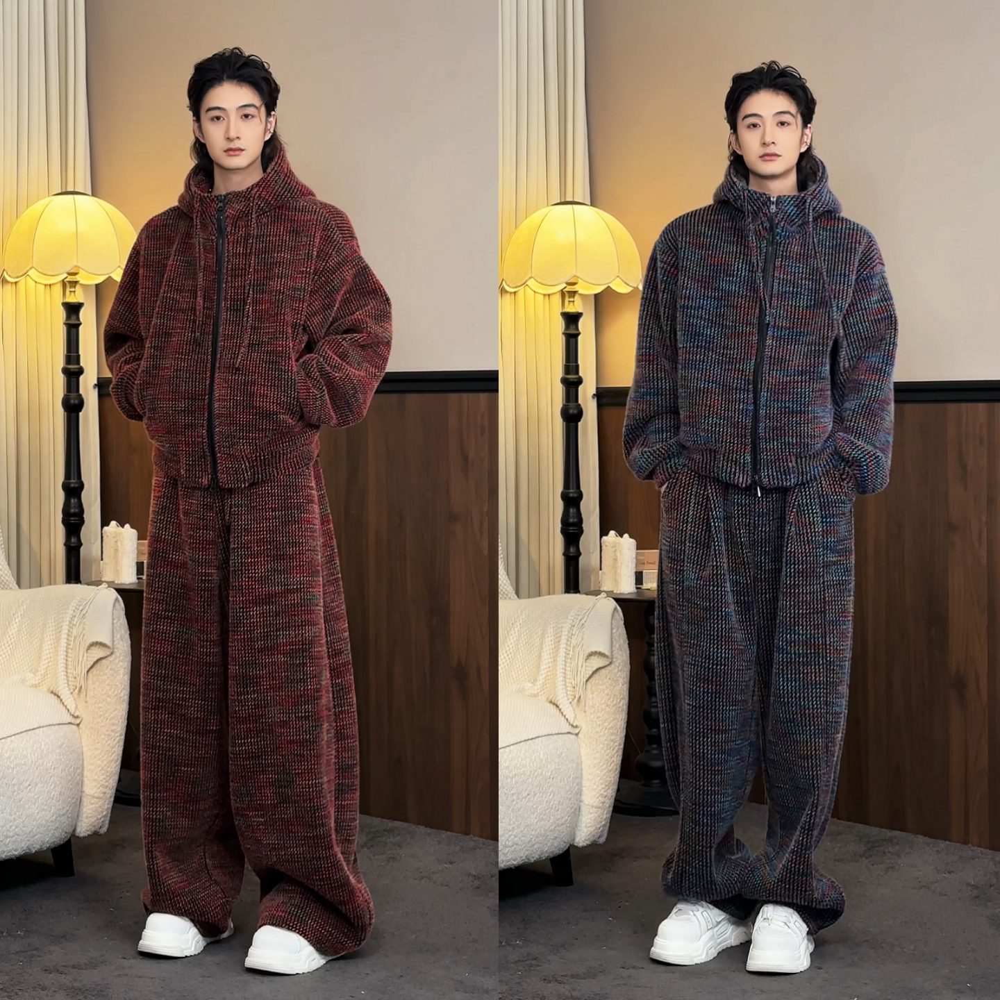 美式重磅混色加绒休闲套装冬季爆款男士时尚连帽外套长裤两件套潮