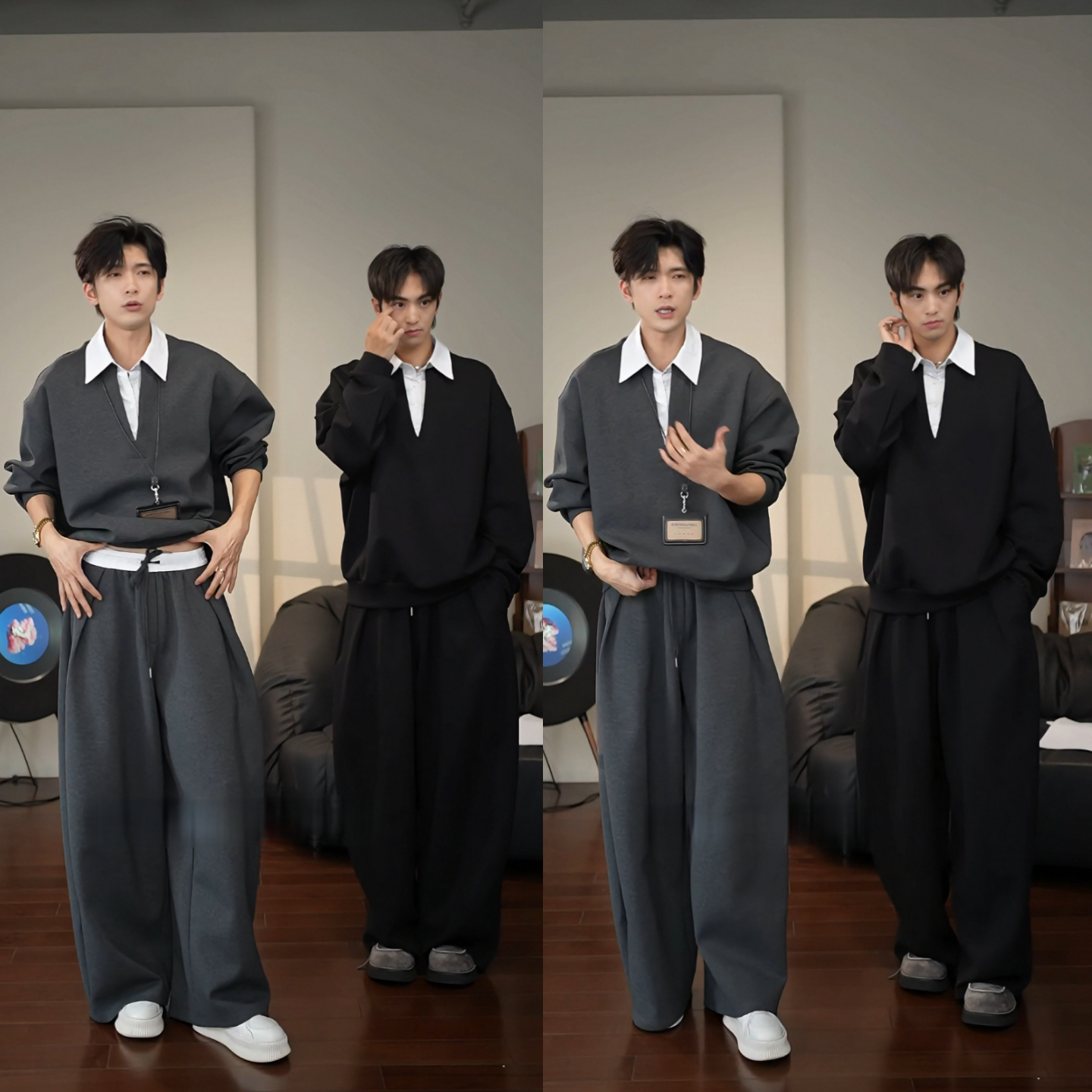 秋季新款男士时尚潮流休闲重磅韩版假两件拼接条纹衬衫领卫衣套装