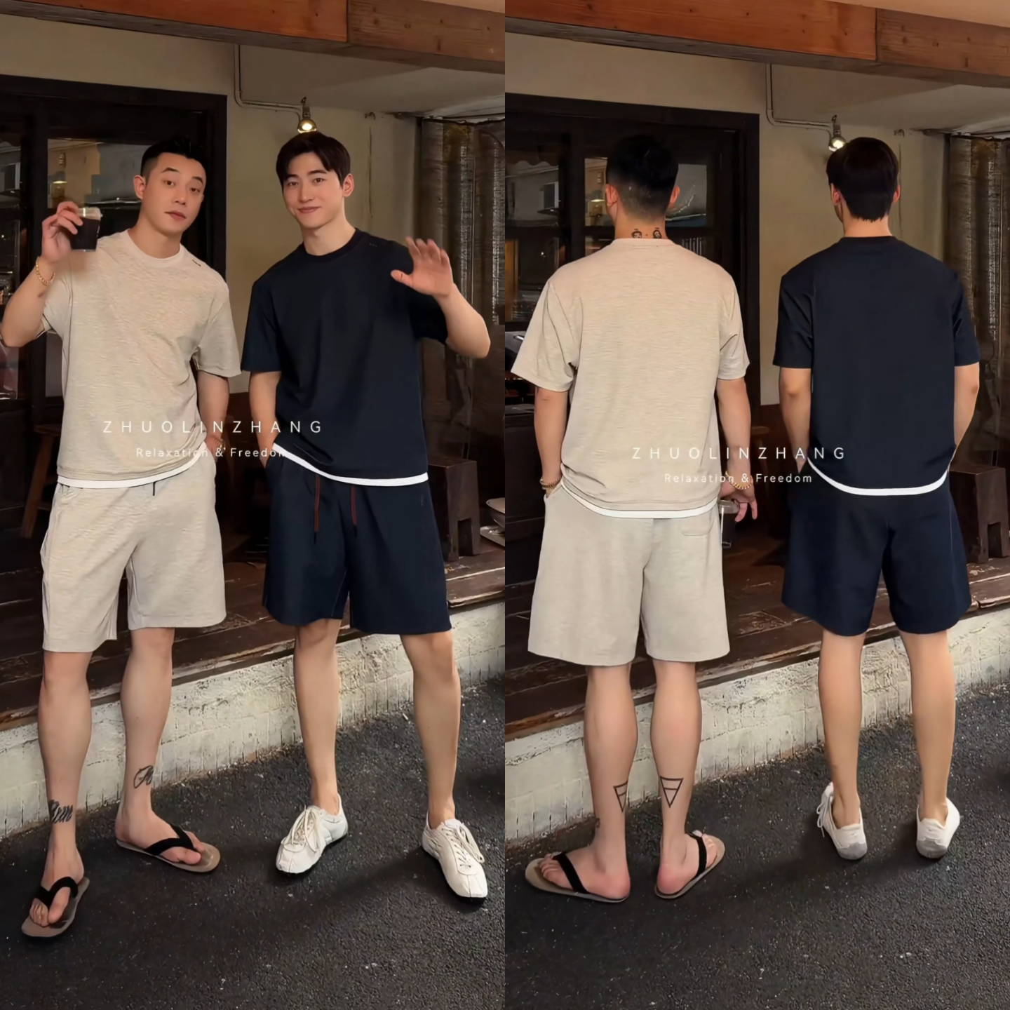 夏季男士宽松高级感休闲假两件拼接短袖T恤短裤套装潮流青年穿搭