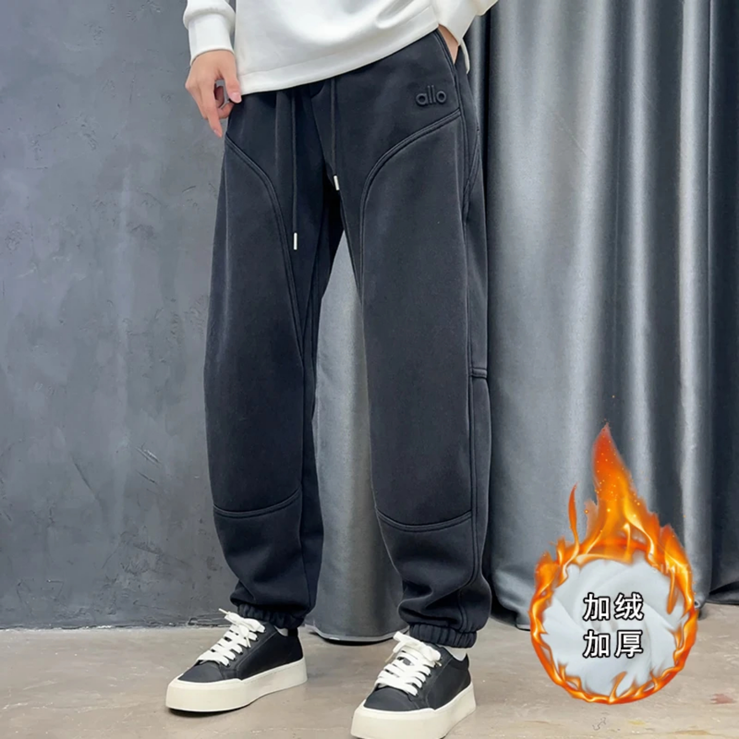 冬季潮牌复古做旧水洗男加绒加厚休闲卫裤百搭束脚裤美式高级时尚