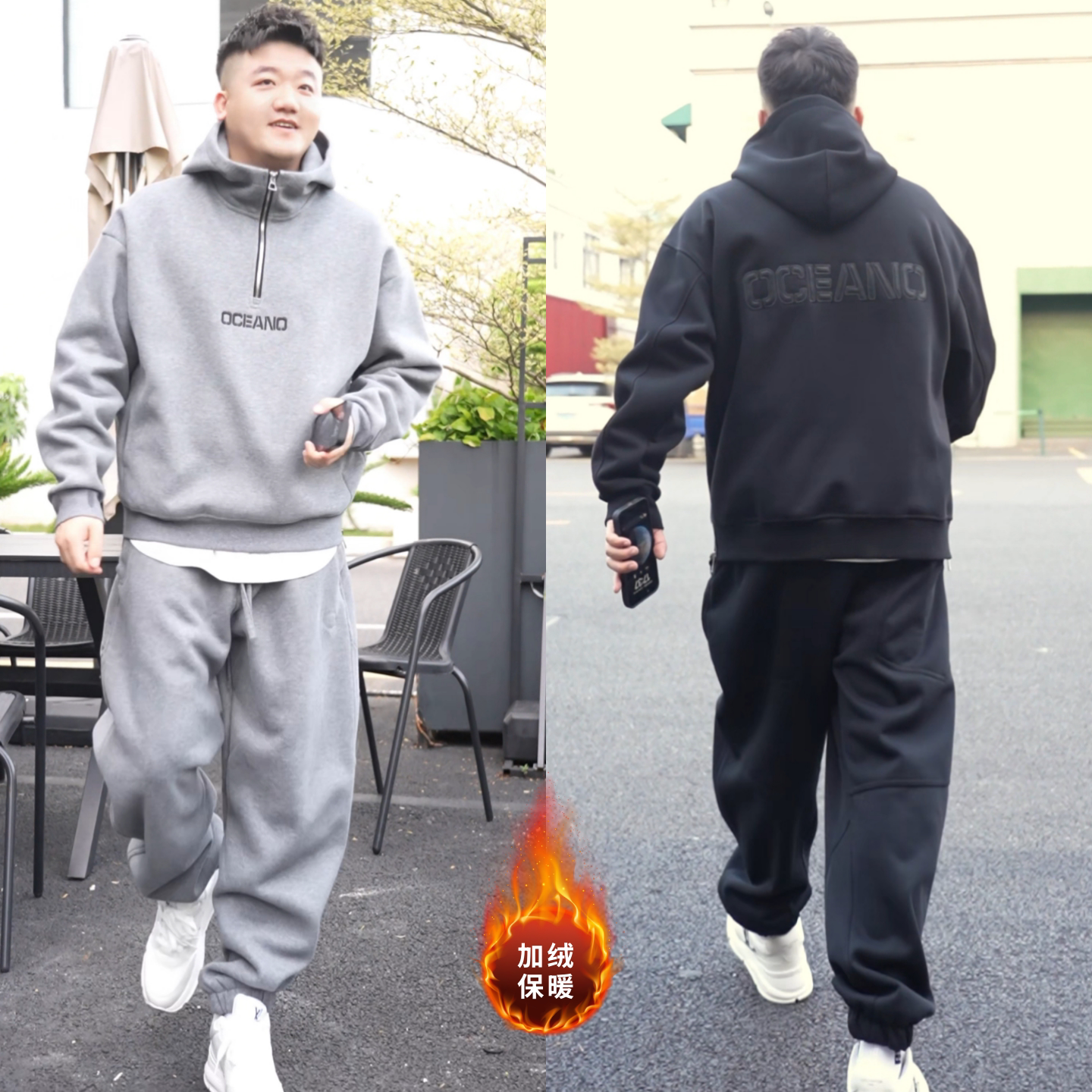 加绒半拉链连帽卫衣卫裤两件套冬季新款男士时尚美式潮流休闲套装