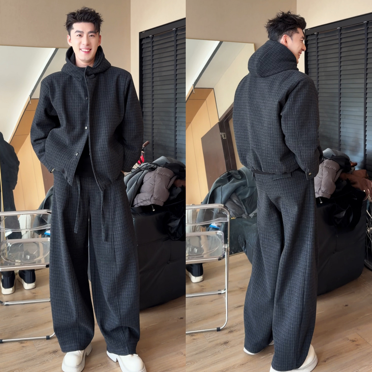 经典格子休闲套装冬季上新男士时尚重磅连帽外套长裤两件套高级感