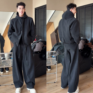 经典格子休闲套装冬季上新男士时尚重磅连帽外套长裤两件套高级感