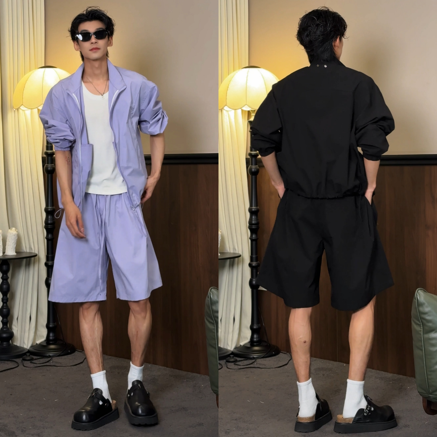 夏季设计感小众立领外套短裤一整套多巴胺色系运动休闲套装男士潮
