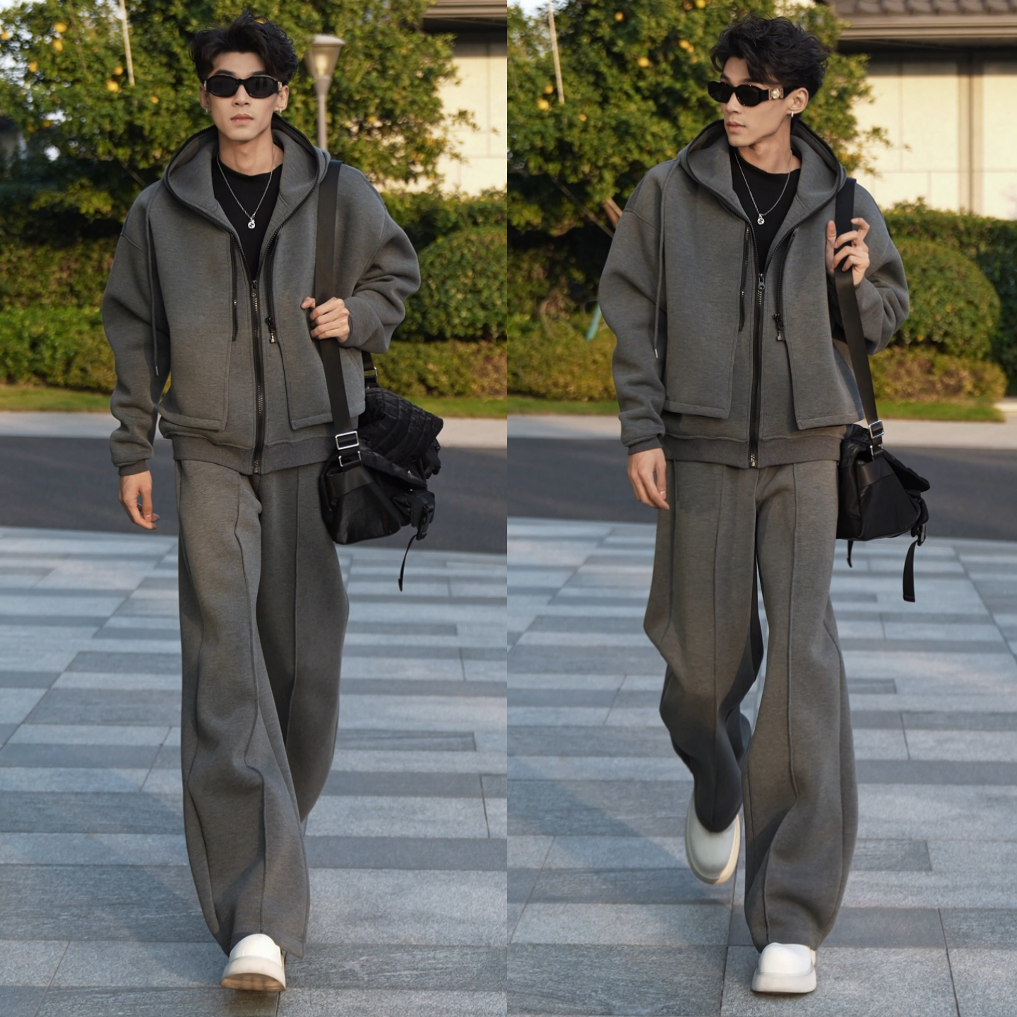 美式休闲高级感套装冬季新品男士时尚潮流重磅廓形假两件外套卫裤