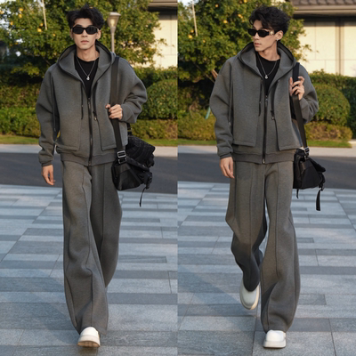 美式休闲高级感套装冬季新品男士时尚潮流重磅廓形假两件外套卫裤
