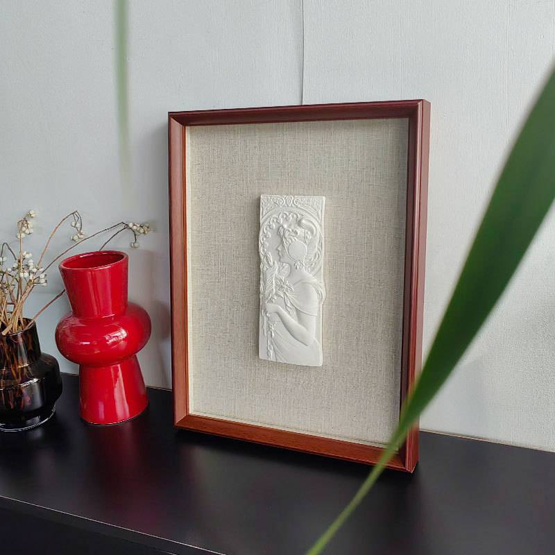 穆夏中古浮雕实物立体手工装裱挂画法式复古实木小众艺术感装饰画图片