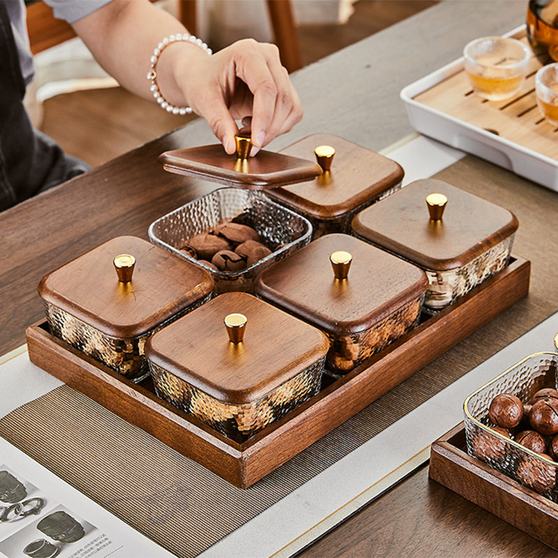 胡桃木玻璃水果盘客厅家用零食收纳盘茶几轻奢高档点心坚果分格盘,餐饮具,果盆/果盘/果篮,淘宝优惠券,粉丝福利购,淘宝优惠卷