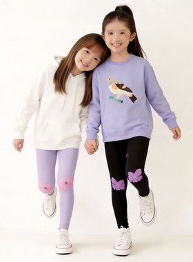 muakids 淡紫色花形印花外穿打底裤女童春季新款黑色休闲运动裤