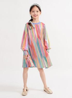 muakids童装女童复古宫廷长袖彩虹连衣裙2026春季儿童裙子公主裙