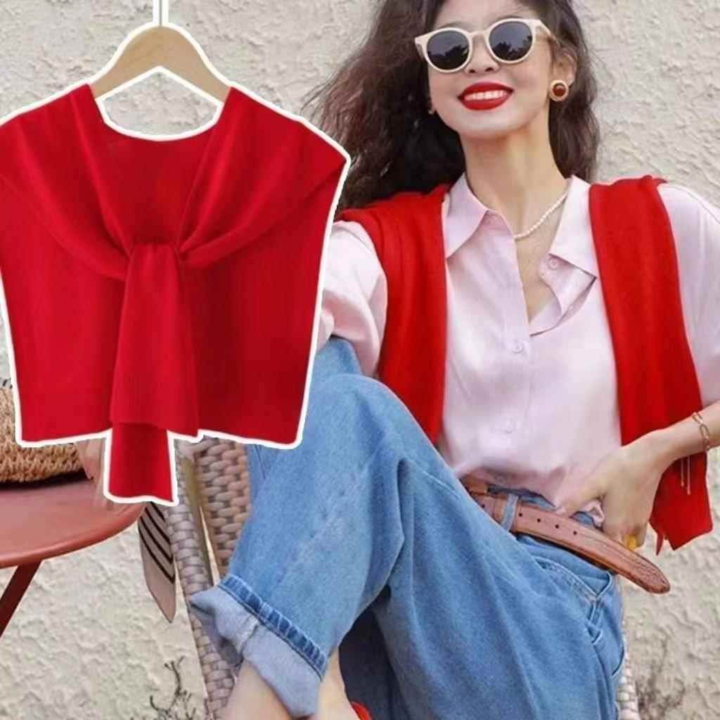 粉色针织小披肩女外搭2024新款春夏季高级感空调房配裙子护颈百-