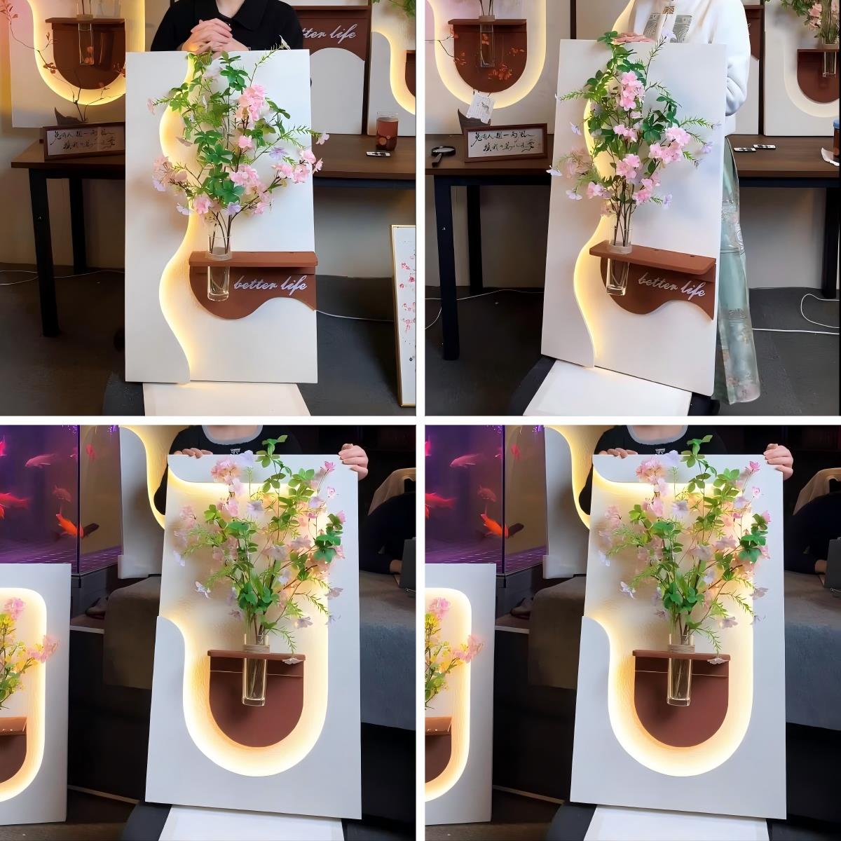 奶油风客厅装饰画水培绿植挂画创意氛围灯光画玄关正对门高端壁画