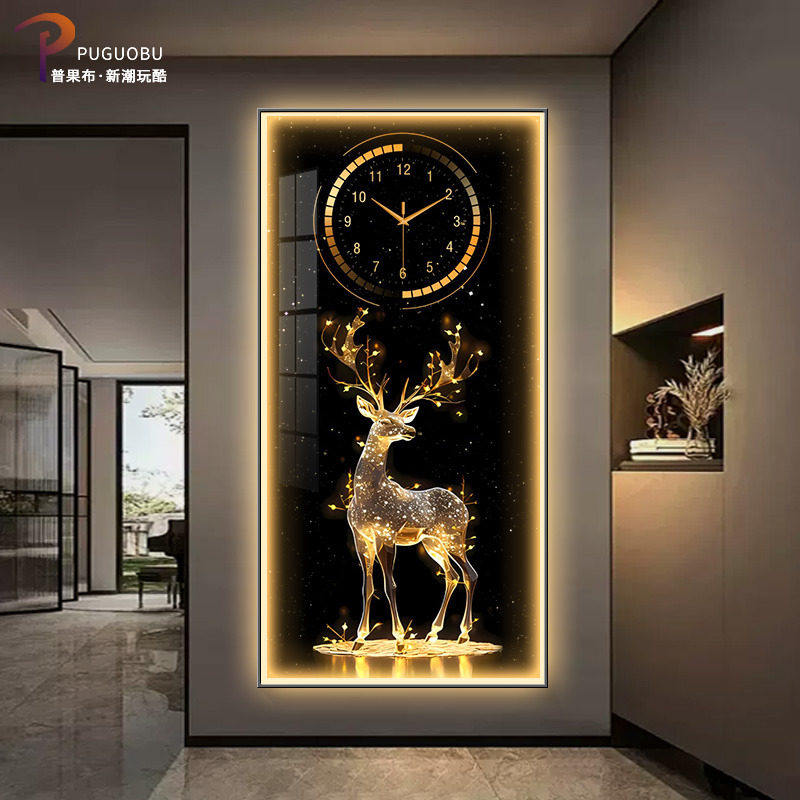 现代轻奢麋鹿玄关装饰画led灯发光壁画客厅走廊过道挂画艺术时钟
