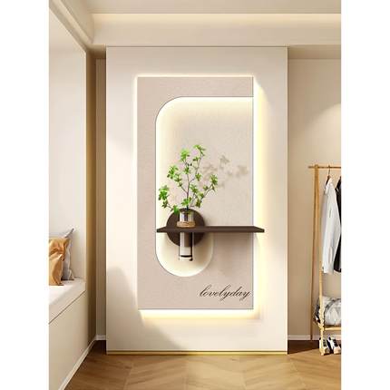 立体砂岩玄关装饰画水培绿植LED灯光画高级感奶油风走廊过道挂画