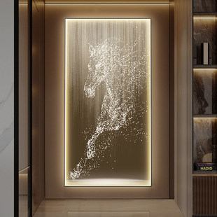 骏马入户玄关装饰画轻奢高级感挂画LED灯画竖版走廊过道发光壁画