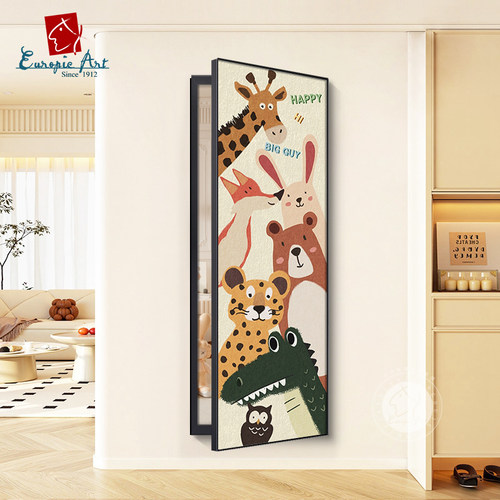 隐藏式全身镜装饰画翻开式穿衣镜子可关闭推拉动物乐园玄关壁画