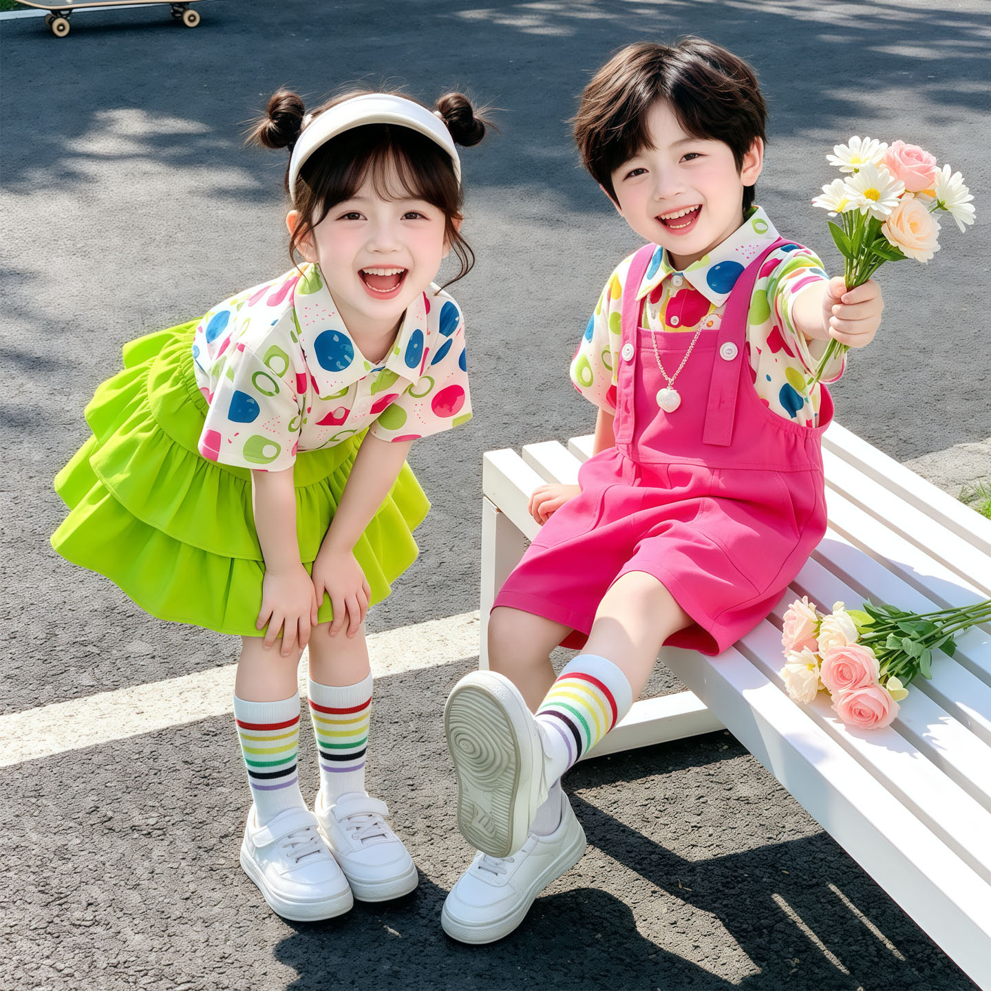 糖果风儿童演出服男女童彩色印花衬衫背带裤套装幼儿园六一表演服