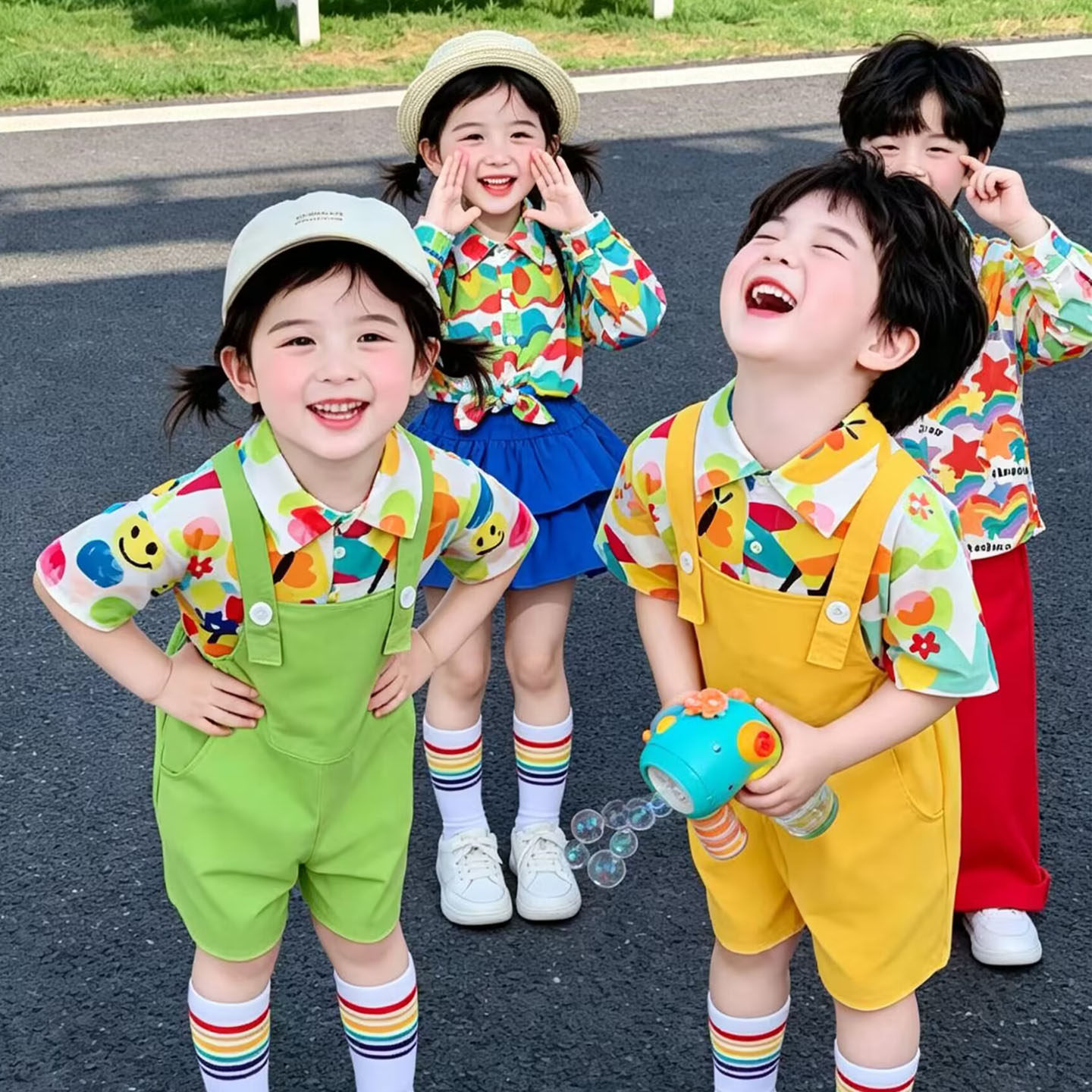 多巴胺风六一儿童表演服背带裤套装幼儿园小学生啦啦队港风演出服