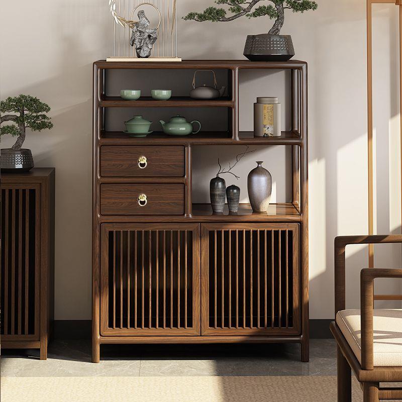 新中式博古架乌金色多宝阁置物架实木展示柜矮柜茶室边柜茶叶茶柜